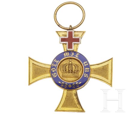 Preußen - Königlicher Kronen-Orden 4. Klasse mit Genfer Kreuz 1872 - 1874  Vergoldetes Kreuz aus Bronze, vergoldet mit Emaill