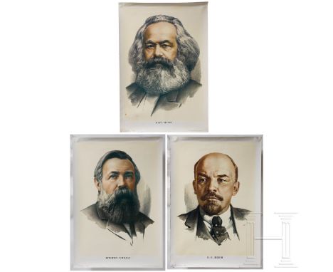 Drei Plakate der "Väter der Revolution", Marx, Engels und Lenin, 1980er Jahre  Mehrfarbiger Druck auf glänzend beschichtetem 
