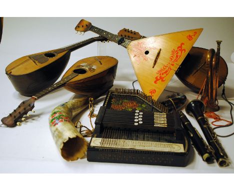 Instruments, mix box lot including three Mandolins,Clarinet all with damage, two decorated Cow Horns, Copper Bugle, Zither an