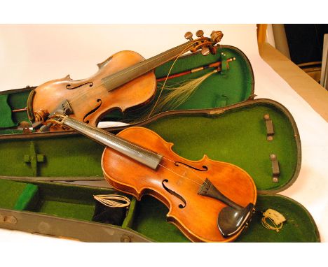 Violins, a pair (full size) the first in hard case, two strings, no markings, wear on neck together with second in hard case 