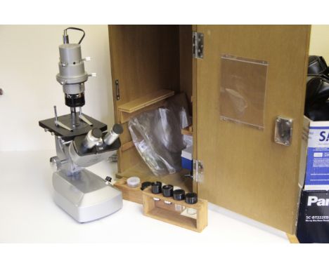 A Services Inverted Microscope, in makers case with eyepieces and other items