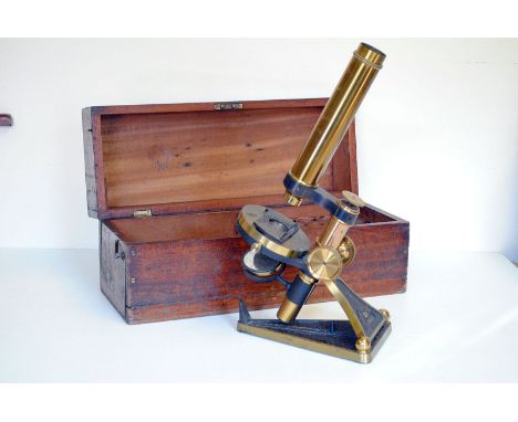 A R &amp; J Beck Brass Microscope, on angled pivoting base, in maker's wooden case, incomplete
the box contains just the micr