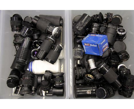 Lenses, a varied selection including camera, projector and enlarger optics from Pentax, Vivitar and others (2 boxes)