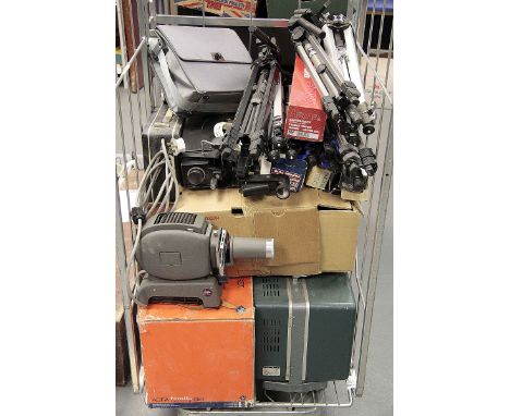Projectors and Tripods, a large number of tripots together with an Elf 16mm sound projector, others and enlarging equipment (