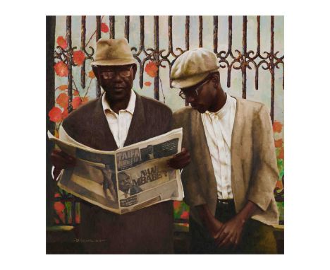 John Okoye Emeka (Nigéria, né en 1997)Reading newspaper 2023signé et daté ' Okoye Emeka 2023' en bas à gauchehuile sur toiles