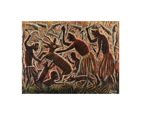 Kibwanga  Mwenze (République Démocratique du Congo 1925-1999)Groupe de chasse signé 'Mwenze Kibwanga' en bas à droitehuile su