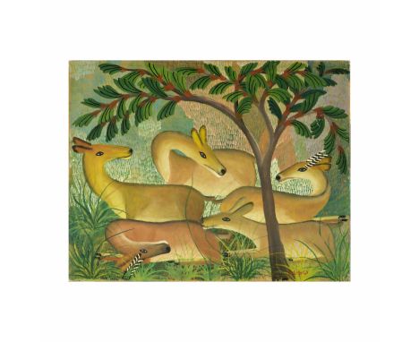 Mulongoy Pili Pili (République Démocratique du Congo, 1914-2007)Famille de biches signé 'Pili Pili' en bas à gauchehuile sur 