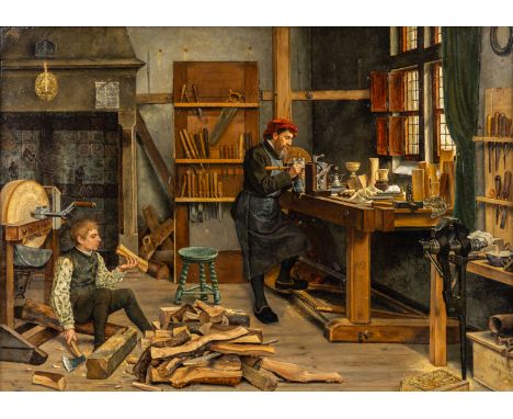 Jean-Baptiste Anthony (1854-1930) 'The Wood Turner's Workshop'Oil on panel.Signed 'J. Anthony, Antwerpen' lower right.(64 x 8