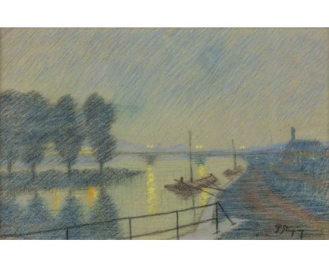 Paul Sterpin (1873-1952) 'Bords de Meuse, La Nuit'&nbsp;(Banks of the river Meuse by night)Crayon/pensil on paper.Signed lowe