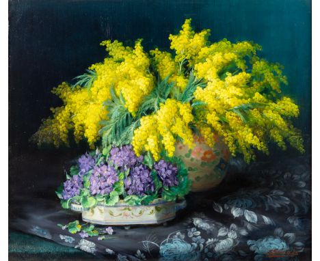 Julien Stappers (1875-1960) 'Bouquet of Mimosa and Viola'Olie op doek.Getekend rechtsonder.(85 x 95 cm)Canvas dimensions:(W:7