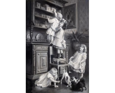 Lionel Peraux (1871-?) 'The Cookie Hunt'Oil on panel. Grisaille.&nbsp;Signed lower left.(57,5 x 43,5 cm)Canvas dimensions:(W: