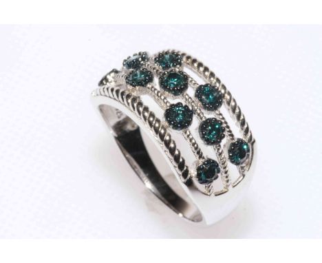 Blue diamond eleven stone sterling silver ring, size R/S, with certificate.