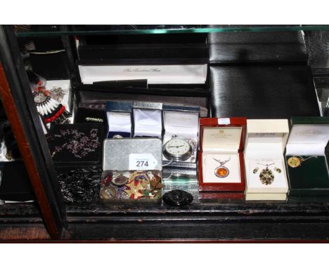 Collection of costume jewellery including Whitby jet, silver, boxed watches, enamel 1966 coin pendant, sweetheart brooch, But