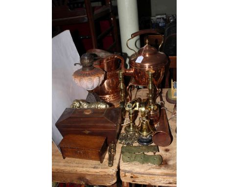 Tea caddy, Victorian opaque oil lamp, highly polished copper teapot, scuttle, trivet and horn, horsebrasses.