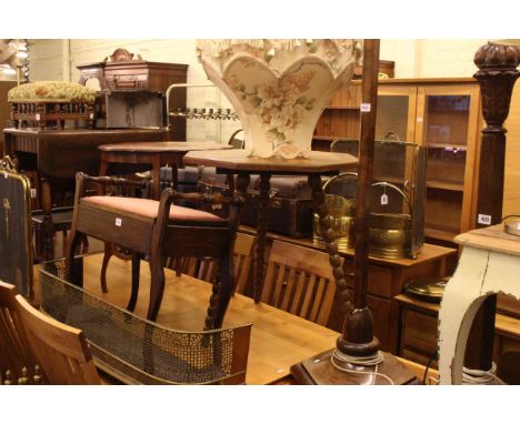 Two 1920's standard lamps and shades, octagonal occasional table, shaped top occasional table, drop leaf trolley, footstool, 