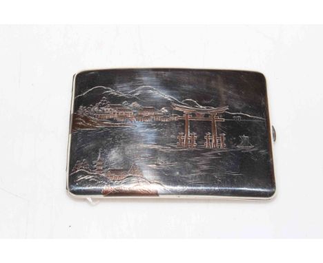 Japanese silver inlaid cigarette case, 11cm across.