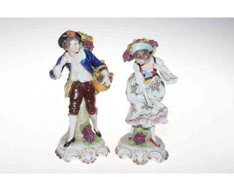 Pair Sitzendorf porcelain figures of maiden and gallant fruit pickers, 23cm, blue mark.