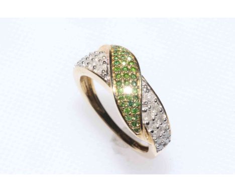 Green and white diamond 9k gold Tomas Rae ring, size N/O, with certificate.