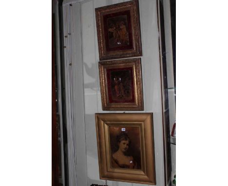 Large gilt framed concave chrystoleum of maiden, portrait 58cm by 49cm including frame, and pair of chrystoleums (3).