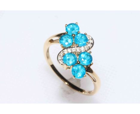 Neon Apatite and zircon 9k gold ring, size P/Q, with certificate.