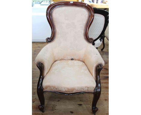 Victorian mahogany framed gents chair in light pink fabric.