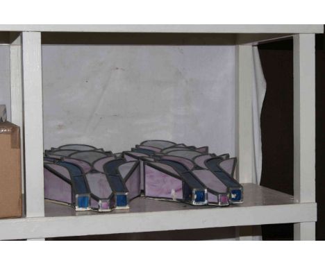 Six Tiffany style leaded stained glass pink and blue Art Deco wall lights, 46cm by 31cm by 11cm (from a hotel).