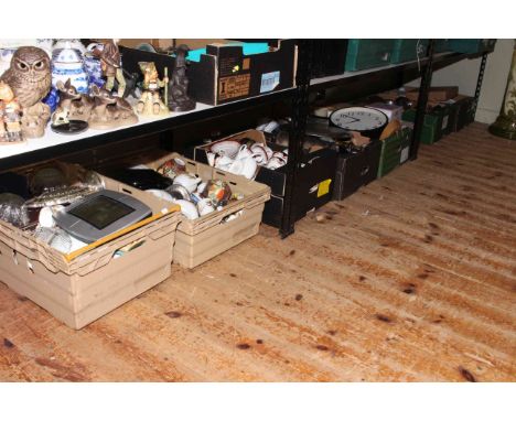 Seven boxes of ceramics, glass, metalwares, mantel clock, two anniversary clocks etc.