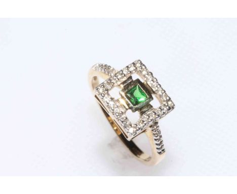 Tsavorite and Zircon 9 carat gold ring, size N, with certificate.