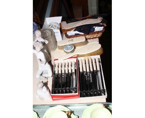 Lladro and two Nao figures, vintage ladies gloves, two sets of cased knives, three piece dressing table set, etc.