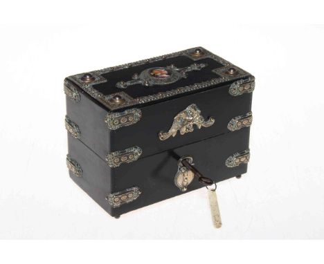 Fine Continental perfume casket, the interior with two gilt decorated bottles, the ebony casket with ornate gilt metal mounts