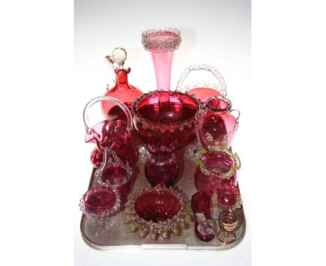 Collection of 19th Century cranberry glass including decanter, spill vase, baskets, bowls, etc.