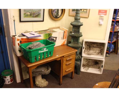 Two Belfast sinks, Oriental style garden pagoda, tree trunk pedestal bird bath, Flymo garden vac and box of garden tools.
