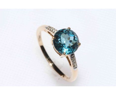 Large topaz and zircon 9k gold ring, topaz 3.28 carat, size R/S, with certificate.
