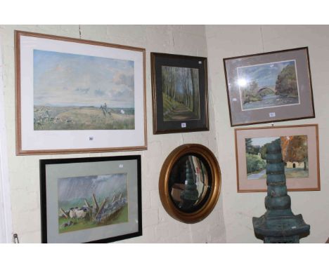 Signed Lionel Edwards print of hunting scene, 50cm by 64cm including frame, four works by Phyllis Randall, and convex mirror 