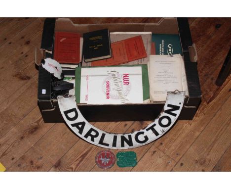 Collection of railway ephemera, Darlington enamel sign and small signs.