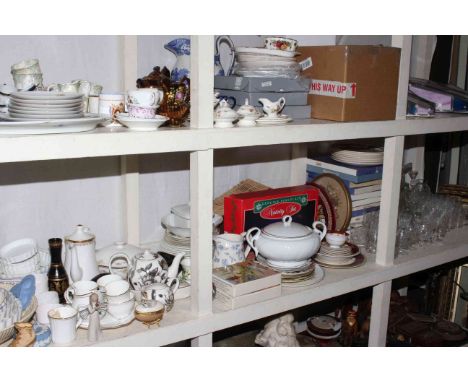 Shelf lot including crystal glass, collectors plates, nativity set, flan dishes, ornaments, etc.