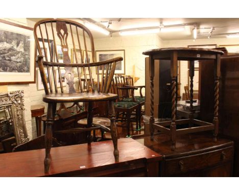 Oak barley twist occasional table, nest of three mahogany cabriole leg tables, two footstools, standard lamp and shade and an