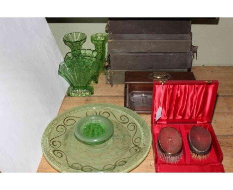 Silver bound brush boxed set, Victorian brass bound writing box, pianola rolls, six pieces of Art Deco green glass.