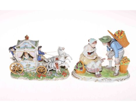 Sitzendorf porcelain group of apple picker and customer, 17cm across, 14cm high, together with Sitzendorf coach and horses, 1