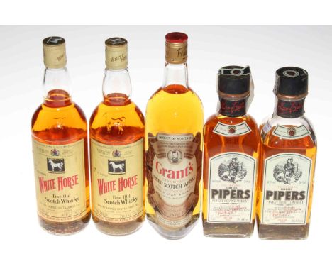Two bottles Hundred Pipers Finest Scotch whisky, two White Horse Fine Old, and one Grants Standfast (5).