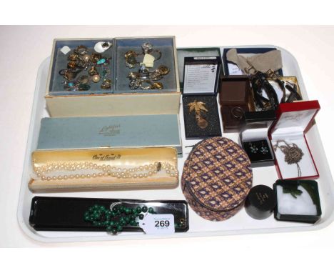 Collection of jewellery including opal and ruby ring, silver pendants, pearl and malachite necklaces, etc.