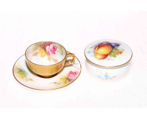 Royal Worcester rose painted cup and saucer, signed E.S. Pilsbury, date code 1926, and trinket box with fruit painted lid, da