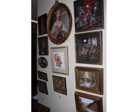Collection of twelve pictures including oval portrait, beadwork, two relief plaques, etc.