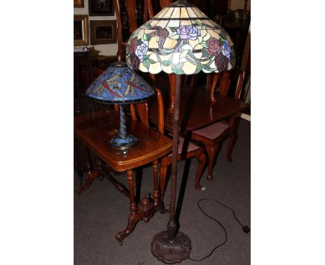 Tiffany style standard lamp, the shade having rose design and Tiffany style table lamp with dragonfly design.