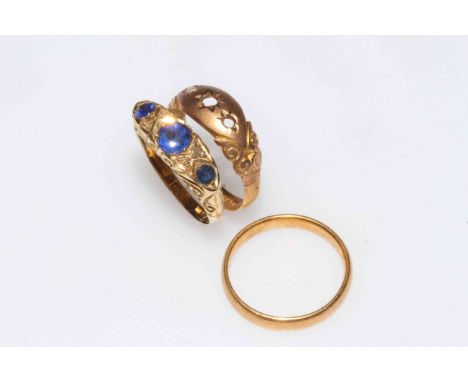 18 carat gold, sapphire and diamond ring, and two other gold rings (3)