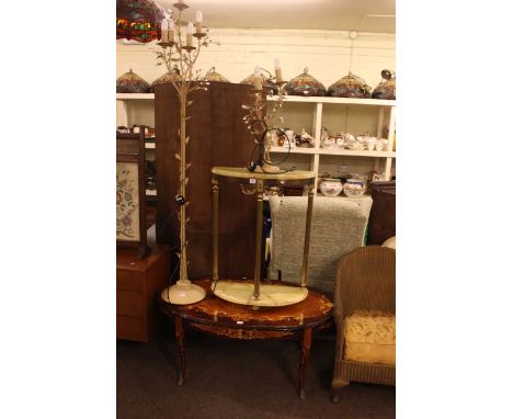 Italian style oval coffee table, onyx and brass demi lune console table, wrought metal standard lamp and matching table lamp 