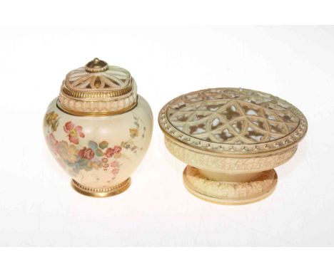 Two Royal Worcester blush ware pot pourri, vase with lid and cover, shape no. 1314, and urn shape no. 71.