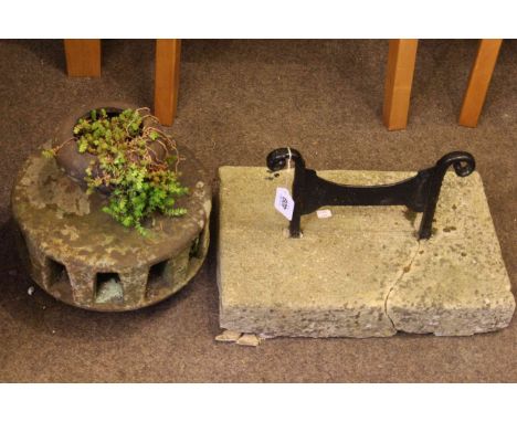 Cast iron architectural finial and weathered foot scraper (2).