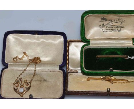 Two 9 carat gold bar brooches, one with fix, and 9 carat gold opal and seed pearl pendant (3).