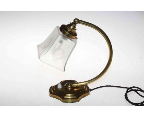 Brass table lamp with etched glass shade, 26cm by 24cm.